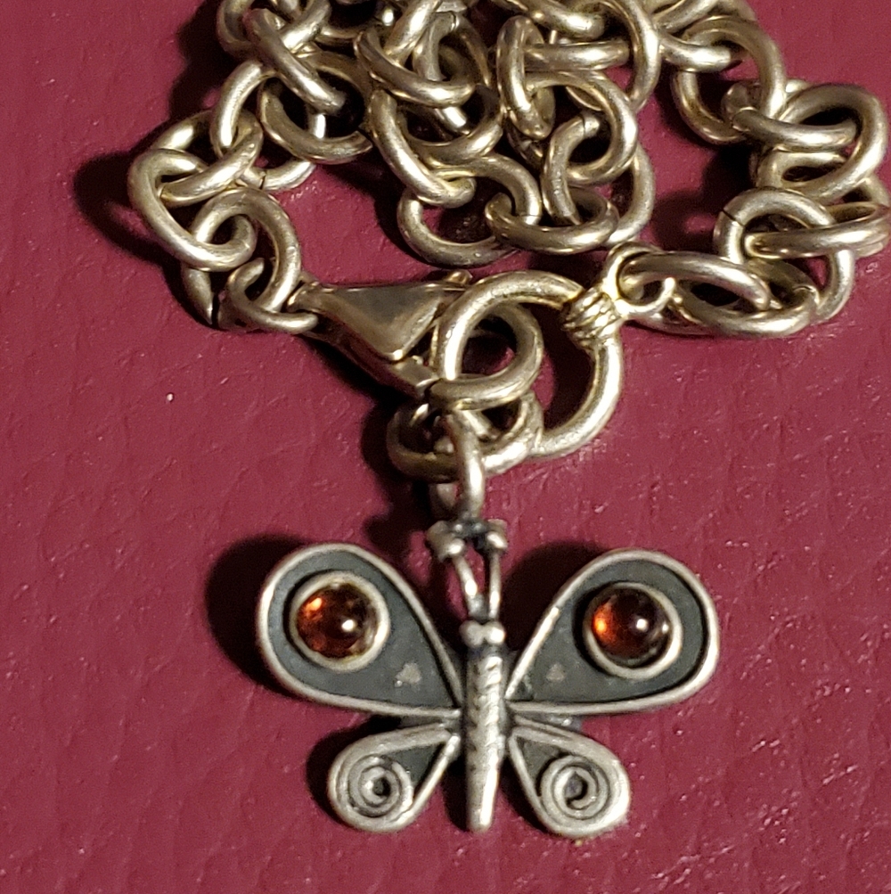 Sterling Silver Bracelet Vintage 8" L Vintage Amber Charm